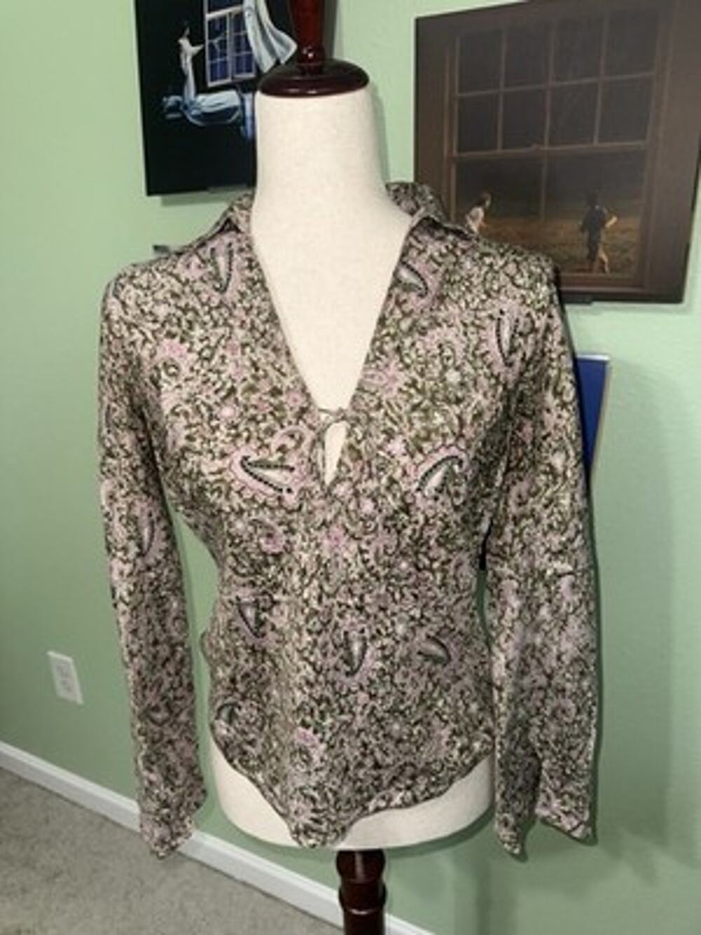 Banana Republic 100% Silk 70s Floral Blouse Womens XS Front Tie V-Neck